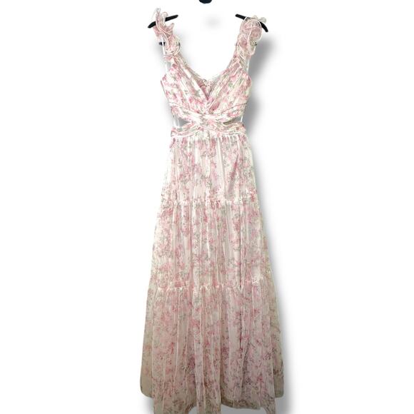 Lulus NWOT Ethereal Love Blush Floral Pleated Tiered Tie-Back Mesh Maxi Dress XS - Picture 2 of 10